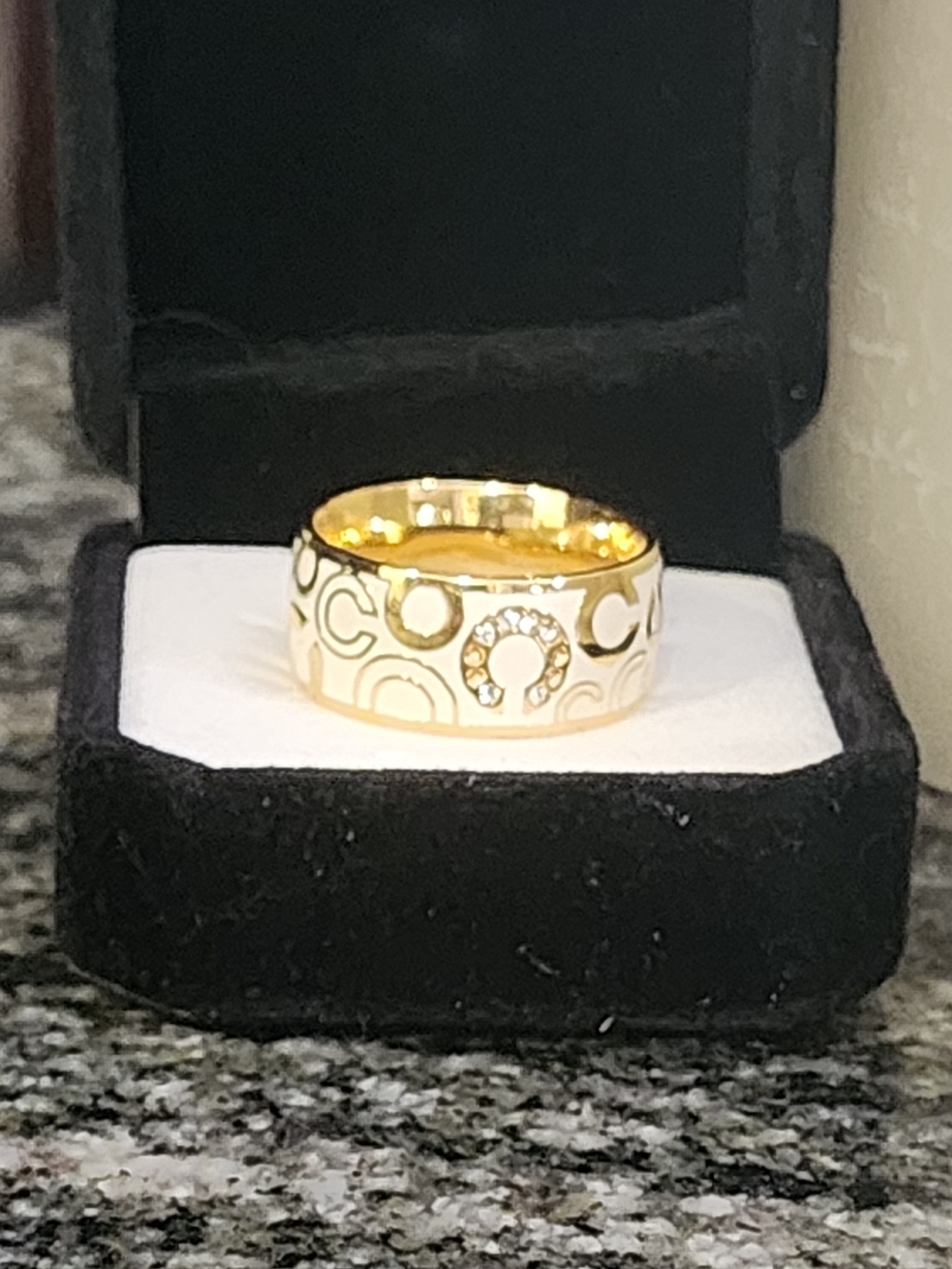 Coach Gold-Tone White Enamel Ring with Crystal Coach 'C' Accents With Dustbag